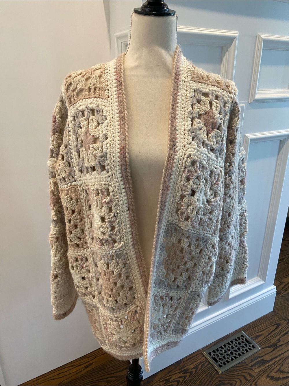 Forte-Forte Open-Front Crochet Patchwork Cardigan in Cream and Blush